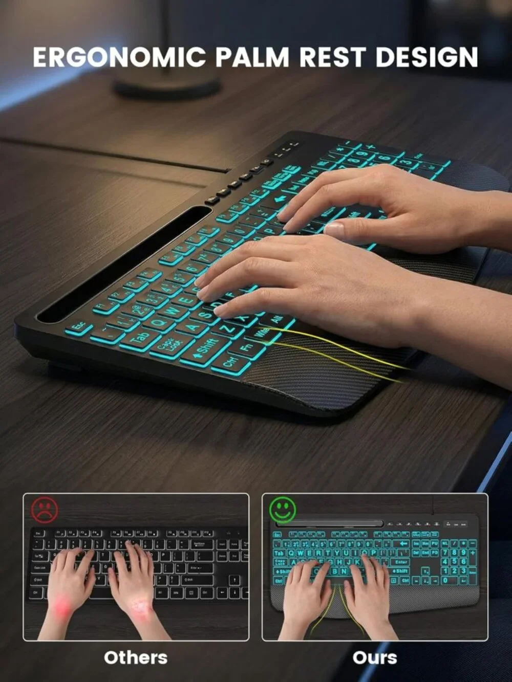 Large Print Backlit Keyboard with Wrist Rest & Phone Holder - USB Wired, 7